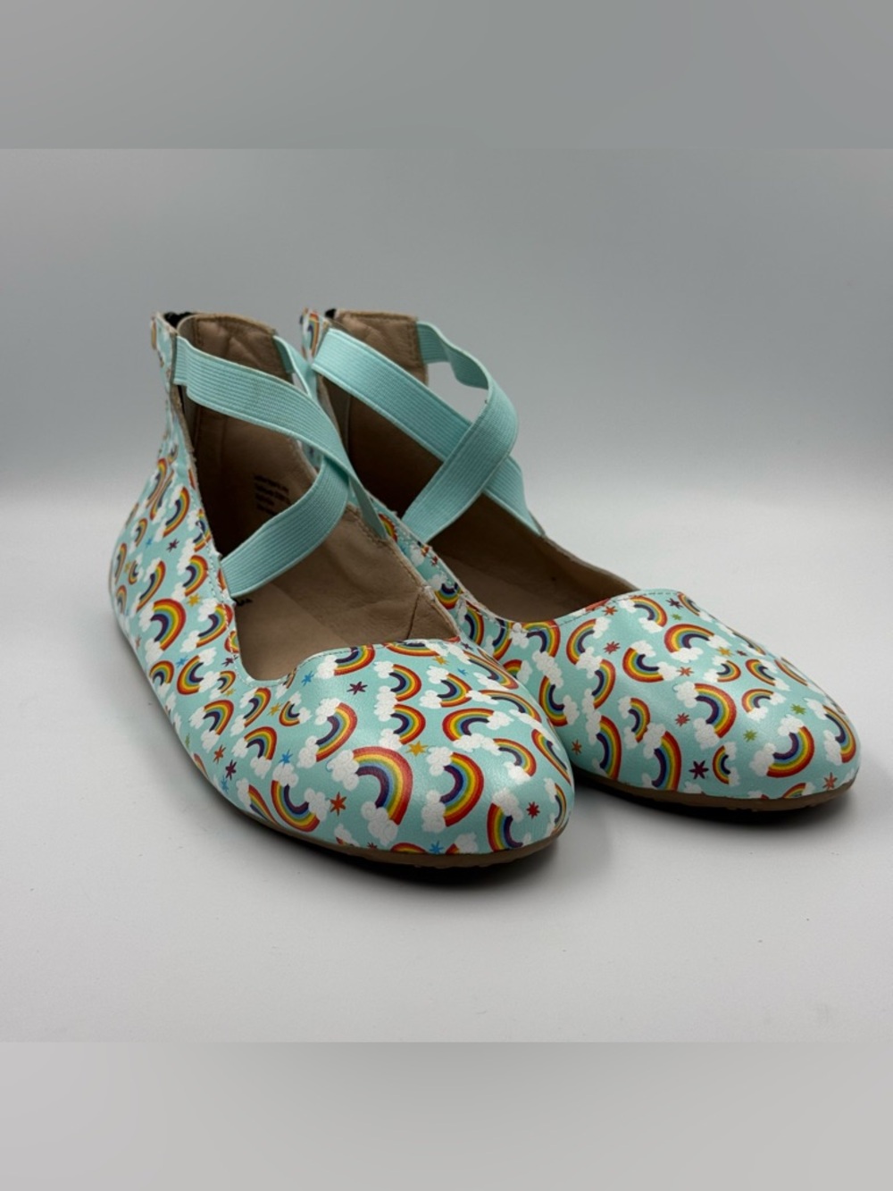 Monkey Feet Women’s Ballet Flats Light Blue With All Over Rainbows Size 38 (7)